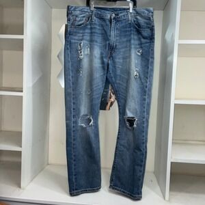 Levi Strauss 513 Mens Jeans 38x30 Distressed Blue Denim Straight Fit